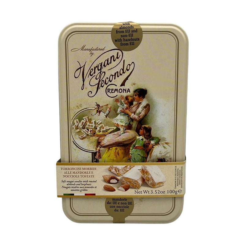 Rosy Brown Vergani Soft Nougat With Roasted Almonds & Hazelnuts In Tin 100g