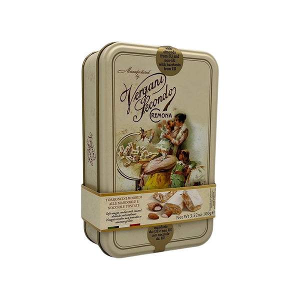 Rosy Brown Vergani Soft Nougat With Roasted Almonds & Hazelnuts In Tin 100g
