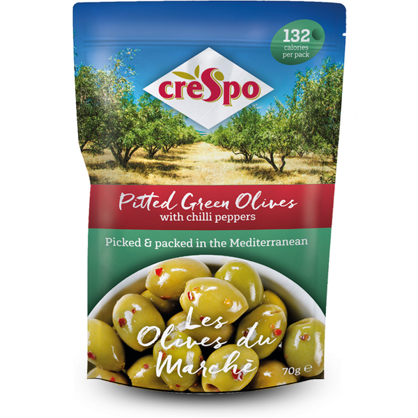 Dim Gray Crespo Green Olives Pitted With Chilli Peppers 70g